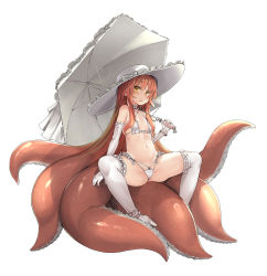 Rule 34 | 1girl, bikini, breasts, commentary request, elbow gloves, full body, gloves, hat, highres, holding, holding umbrella, itou ryuusei, looking at viewer, monster girl, original, red hair, simple background, small breasts, solo, spread legs, sweat, swimsuit, tentacle hair, tentacles, thighhighs, umbrella, white background, white bikini, white gloves, white hat, white thighhighs, yellow eyes