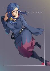 Rule 34 | 1girl, absurdres, artist name, belt, black belt, black choker, black footwear, blue dress, blue hair, boots, breasts, choker, commentary, dated, dress, english commentary, floating, full body, glasses, grey background, hair behind ear, highres, large breasts, little witch academia, looking to the side, red eyes, sleeves past fingers, sleeves past wrists, smile, snowcie, solo, ursula callistis, wide hips