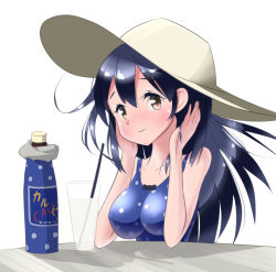 Rule 34 | 10s, 1girl, bad id, bad pixiv id, black hair, bottle, breasts, calpis, casual one-piece swimsuit, drinking straw, glass, hat, highres, kantai collection, long hair, maimai-dou, maimai do, one-piece swimsuit, polka dot, polka dot swimsuit, solo, sun hat, swimsuit, ushio (kancolle), yellow eyes