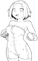 Rule 34 | 1girl, abs, bare shoulders, breasts, cleavage, female focus, final fantasy, final fantasy tactics, gauntlets, greyscale, large breasts, monk, monk (fft), monochrome, open mouth, short hair, simple background, smile, solo, tsukudani (coke-buta), unitard, white background