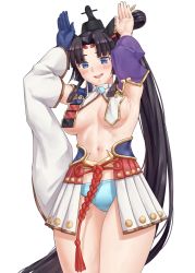Rule 34 | 1girl, armor, armpits, asymmetrical sleeves, black hair, blue eyes, blue panties, breast curtains, breasts, detached sleeves, fate/grand order, fate (series), feather hair ornament, feathers, hair bun, hair ornament, hands up, hat, japanese armor, long hair, looking at viewer, medium breasts, mismatched sleeves, navel, open mouth, panties, parted bangs, rabbit pose, sarhce, side bun, side ponytail, sidelocks, single hair bun, single side bun, smile, solo, tate eboshi, thighs, underwear, ushiwakamaru (fate), very long hair, wide sleeves