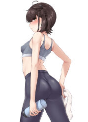 Rule 34 | 1girl, absurdres, ahoge, ass, blush, bottle, brown hair, closed mouth, cowboy shot, grey sports bra, hatsuzuki (kancolle), highres, holding, holding bottle, holding towel, kantai collection, kiritto, looking at viewer, looking to the side, short hair, simple background, solo, sports bra, towel, white background, yellow eyes