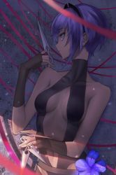 Rule 34 | 1girl, bare shoulders, black gloves, black leotard, black skin, breasts, closed mouth, colored skin, dark-skinned female, dark skin, fate/prototype, fate/prototype: fragments of blue and silver, fate (series), fingerless gloves, gloves, hairband, hassan of serenity (fate), holding, holding weapon, leotard, looking to the side, medium breasts, mins (minevi), navel, parted lips, profile, purple eyes, purple hair, short hair, solo, standing, upper body, weapon