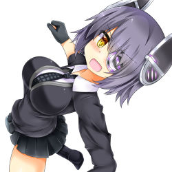 Rule 34 | 10s, 1girl, blush, breasts, eyepatch, fingerless gloves, gloves, headgear, kantai collection, large breasts, looking at viewer, open mouth, purple hair, school uniform, short hair, simple background, skirt, solo, tenryuu (kancolle), thighhighs, us2s, white background, yellow eyes