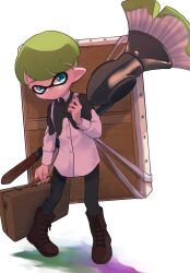 Rule 34 | 1boy, aqua eyes, black pants, boots, brown footwear, commentary request, cross-laced footwear, green hair, highres, holding, holding case, holding paintbrush, holding weapon, inkling, inkling boy, inkling player character, nastar r0, nintendo, painbrush (splatoon), paintbrush, pants, pointy ears, short hair, solo, splatoon (series), splatoon 3, weapon, white background