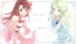 Rule 34 | 10s, 2girls, alternate costume, bare shoulders, blue eyes, bow, brown hair, character name, collarbone, copyright name, diana cavendish, dress, earrings, ekita kuro, elbow gloves, formal, frilled dress, frilled sleeves, frills, gloves, green hair, hair bow, jewelry, kagari atsuko, lifted by self, lipstick, little witch academia, long hair, makeup, multiple girls, necklace, red eyes, white gloves