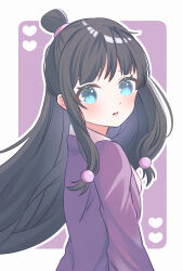 Rule 34 | 1girl, ace attorney, beads, black hair, blue eyes, blush, dot nose, floating hair, from side, hair beads, hair ornament, half updo, heart, highres, japanese clothes, kimono, long hair, long sleeves, looking at viewer, maya fey, mokoinu, outline, paper texture, parted lips, sidelocks, solo, topknot, upper body, white background, white outline