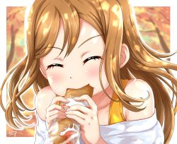 Rule 34 | 10s, 1girl, ^ ^, autumn leaves, bread, brown hair, chocokin, closed eyes, commentary request, eating, eyebrows, food, food in mouth, holding, holding food, kunikida hanamaru, long hair, love live!, love live! school idol project, love live! sunshine!!, off-shoulder shirt, off shoulder, shirt, signature, solo, upper body
