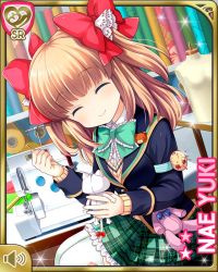 Rule 34 | 1girl, argyle, argyle clothes, argyle legwear, beads, blue eyes, bow, bowtie, box, brown hair, card (medium), closed eyes, closed mouth, day, girlfriend (kari), hair bow, indoors, library, looking at viewer, mary janes, official art, plaid, plaid skirt, qp:flapper, ribbon, school uniform, shoes, sitting, skirt, smile, solo, stuffed animal, stuffed toy, tagme, teddy bear, thighhighs, two side up, white thighhighs, yuuki nae