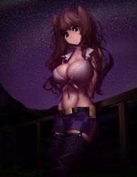 Rule 34 | 1girl, adapted costume, alternate breast size, belt, black thighhighs, breasts, brown hair, cellphone, city lights, cleavage, collarbone, eyeliner, female focus, fence, front-tie top, garter straps, grass, groin, hair ribbon, hat, hater (hatater), head tilt, highres, himekaidou hatate, large breasts, long hair, looking at viewer, makeup, midriff, miniskirt, mountain, navel piercing, neck, night, night sky, non-web source, outdoors, phone, piercing, purple eyes, ribbon, shirt, silhouette, skirt, sky, sleeveless, smile, solo, star (sky), starry sky, thighhighs, thighs, tied shirt, tokin hat, toned, touhou, twintails, very long hair