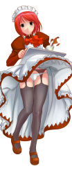Rule 34 | 00s, 1girl, a1 (initial-g), apron, black eyes, black thighhighs, bow, dress, garter belt, headdress, hisui (tsukihime), lingerie, maid, maid apron, mary janes, panties, pantyshot, petticoat, red dress, red hair, shoes, short hair, socks, solo, standing, tea, thigh gap, thighhighs, thighs, tray, tsukihime, underwear, upskirt, white panties