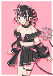 Rule 34 | 1girl, :d, absurdres, ahoge, belt, belt collar, black belt, black hair, black jacket, black skirt, black sleeves, bloomers, blue eyes, blush, border, bra, collar, commentary request, cropped jacket, demon girl, demon horns, demon tail, detached sleeves, drop shadow, earrings, fangs, feet out of frame, flat chest, flower, grey horns, hair flower, hair ornament, hair ribbon, highres, horns, jacket, jewelry, long hair, looking at viewer, midriff, minna no kokai, multicolored hair, nanashi inc., o-ring, o-ring thigh strap, off shoulder, oinomori may, oinomori may (1st costume), one side up, open clothes, open jacket, open mouth, outside border, pink background, pink bloomers, pink bra, pink hair, pink ribbon, pleated skirt, pointy ears, ribbon, single earring, skirt, sleeveless, sleeveless jacket, smile, solo, sugar lyric, tail, thigh strap, two-tone hair, underwear, virtual youtuber, white border