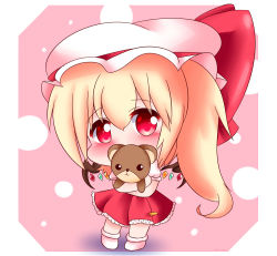 Rule 34 | 1girl, ankle socks, blonde hair, blush, chibi, commentary, covering own mouth, flandre scarlet, hair between eyes, hat, hat ribbon, head tilt, hugging object, looking at viewer, mob cap, one side up, petticoat, pink background, polka dot, polka dot background, puffy short sleeves, puffy sleeves, red eyes, red skirt, red vest, ribbon, short hair, short sleeves, skirt, skirt set, socks, solo, standing, stuffed animal, stuffed toy, symbol-only commentary, teddy bear, touhou, vest, white hat, white socks, wings, yairenko