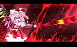 Rule 34 | 1girl, blonde hair, blood, blood sword, blush, embodiment of scarlet devil, female focus, flandre scarlet, hat, kiyomin, letterboxed, red eyes, ribbon, side ponytail, solo, sword, tongue, touhou, weapon, wings, wrist ribbon