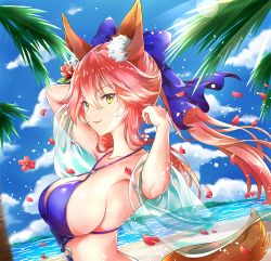 Rule 34 | 10s, 1girl, animal ear fluff, animal ears, armpits, arms up, bare shoulders, beach, bikini, blue bikini, blue bow, blue sky, blurry, blurry foreground, bow, breasts, brown eyes, cloud, collarbone, commentary request, day, depth of field, dutch angle, fate/extra, fate (series), flower, fox ears, fox girl, fox tail, hair between eyes, hair bow, hair flower, hair ornament, large breasts, long hair, melings (aot2846), o-ring, o-ring top, ocean, outdoors, palm tree, parted lips, petals, pink hair, red flower, sand, see-through, sideboob, sky, smile, solo, swimsuit, tail, tamamo (fate), tamamo no mae (fate/extra), tamamo no mae (swimsuit lancer) (fate), tree, twintails, v-shaped eyebrows, water