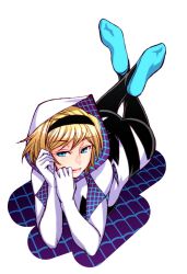 Rule 34 | 1girl, animification, ass, black hairband, blonde hair, blue eyes, breasts, chiba toshirou, commentary request, crossed ankles, feet, feet up, full body, gwen stacy, hairband, hood, looking at viewer, lying, marvel, medium breasts, on stomach, smile, soles, solo, spider-gwen, spider-man (series), the pose