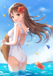 Rule 34 | 1girl, ass, blue sky, brown eyes, brown hair, casual one-piece swimsuit, cloud, commentary request, day, flower, from behind, hat, unworn hat, unworn headwear, hibiscus, highres, long hair, looking at viewer, looking back, ocean, one-piece swimsuit, open mouth, original, outdoors, round teeth, sakunagita, sky, smile, soaking feet, solo, standing, straw hat, sun hat, swimsuit, teeth, upper teeth only, wading, water, white one-piece swimsuit