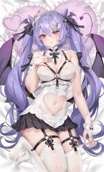 Rule 34 | 1girl, breasts, cleavage, clothing cutout, demon tail, demon wings, genshin impact, gloves, hair between eyes, highres, keqing (genshin impact), long hair, looking at viewer, lying, medium breasts, melailai, navel cutout, on back, pink eyes, purple hair, solo, stomach, tail, thighhighs, twintails, white gloves, white thighhighs, wings