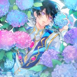 Rule 34 | 1boy, black hair, blue eyes, blue flower, code geass, flower, highres, holding, holding flower, hydrangea, lelouch vi britannia, long sleeves, looking to the side, male focus, open mouth, partially submerged, pink flower, short hair, solo, sumi otto, upper body