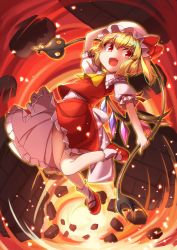 Rule 34 | 1girl, :d, ascot, blonde hair, bobby socks, debris, destruction, embers, fang, fiery background, fire, flandre scarlet, full body, fun bo, hair between eyes, hand on own head, hat, hat ribbon, holding, holding weapon, laevatein, looking at viewer, mary janes, mob cap, open mouth, petticoat, puffy short sleeves, puffy sleeves, red eyes, red footwear, red skirt, red vest, ribbon, rock, shirt, shoes, short hair, short sleeves, side ponytail, skin fang, skirt, skirt set, smile, socks, solo, touhou, vest, weapon, white hat, white shirt, white socks, wind, wind lift, yellow ascot