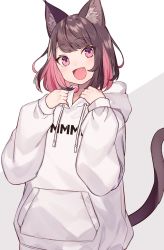 Rule 34 | 1girl, :d, animal ears, blush, brown hair, cat ears, cat girl, cat tail, clothes writing, commentary request, fangs, grey background, hood, hoodie, long sleeves, looking at viewer, multicolored hair, open mouth, original, pink eyes, pink hair, short hair, shugao, simple background, smile, solo, tail, two-tone background, two-tone hair, upper body, white background