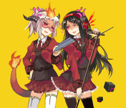 Rule 34 | 2girls, anger vein, black hair, fire, glasses, hand on own hip, headphones, hip focus, horns, long hair, microphone, multiple girls, pixiv fantasia, pixiv fantasia 5, red eyes, school uniform, short hair, simple background, tail, thighhighs, tsukii, wince, yellow background