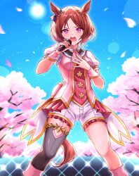 Rule 34 | 1girl, 96mubi, absurdres, animal ears, black thighhighs, blue sky, bow, brown hair, cherry blossoms, cowboy shot, feet out of frame, flower-shaped pupils, hair bow, highres, holding, holding microphone, horse ears, horse girl, horse tail, looking at viewer, medium hair, microphone, parted bangs, sailor collar, sakura laurel (umamusume), short sleeves, shorts, sky, symbol-shaped pupils, tail, thighhighs, umamusume
