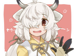 Rule 34 | 1girl, animal ears, black horns, brown eyes, collared shirt, gloves, grey horns, grey ribbon, hair over one eye, hair ribbon, hand up, highres, horns, isobee, kemono friends, long hair, looking at viewer, multicolored horns, neck ribbon, open mouth, outstretched hand, ox ears, ox girl, ox horns, parted bangs, ribbon, shirt, smile, solo, twintails, upper body, white hair, wing collar, yak (kemono friends)