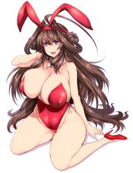 Rule 34 | 1girl, :d, absurdres, ahoge, animal ears, arm up, breasts, brown hair, cameltoe, cleavage, commentary request, covered erect nipples, covered navel, fake animal ears, hand in own hair, high heels, highres, huge breasts, kantai collection, kongou (kancolle), leotard, long hair, looking at viewer, open mouth, playboy bunny, plump, purple eyes, rabbit ears, rabbit tail, red footwear, red leotard, simple background, sitting, smile, solo, tail, taut leotard, teeth, thighs, tsukasawa takamatsu, upper teeth only, very long hair, wariza, white background