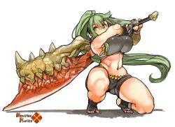 Rule 34 | 1girl, barefoot, bike shorts, black gloves, breasts, capcom, copyright name, fingerless gloves, full body, gloves, green hair, high ponytail, holding, holding sword, holding weapon, large breasts, long hair, monster hunter, monster hunter (series), monster hunter x, navel, original, perky breasts, sachito, shadow, simple background, solo, squatting, sumi-chan (sachito), sword, thick thighs, thighs, toeless legwear, very long hair, weapon, white background, yellow eyes