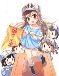 Rule 34 | 10s, 2boys, 3girls, :&lt;, :d, black footwear, black hair, blue shirt, blush, boots, brown eyes, closed mouth, collarbone, commentary request, crate, dated, flag, flat cap, grey shorts, grin, hair between eyes, hands up, hat, hataraku saibou, head tilt, highres, holding, holding flag, jin young-in, light brown hair, long hair, looking at viewer, low twintails, male focus, multiple boys, multiple girls, open mouth, platelet (hataraku saibou), round teeth, see-through, shirt, short shorts, short sleeves, shorts, smile, standing, standing on one leg, teeth, translation request, twintails, upper teeth only, very long hair, white background, white hat