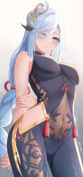 Rule 34 | 1girl, absurdres, arms behind back, back, black bodysuit, blue eyes, bodysuit, braid, breasts, covered navel, eyes visible through hair, genshin impact, gold trim, hair ornament, hair over one eye, highres, hip vent, holding own arm, large breasts, long hair, low-braided long hair, low-tied long hair, mitsukayurie, nail polish, parted lips, shenhe (genshin impact), solo, tassel, very long hair, white hair