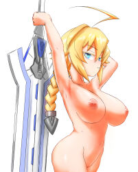 Rule 34 | 1girl, absurdres, ahoge, armpits, arms up, blazblue, blonde hair, blue eyes, braid, braided ponytail, breasts, cleft of venus, closed mouth, collarbone, completely nude, cowboy shot, es (xblaze), feet out of frame, female focus, frostyneko, groin, hair ornament, highres, holding, holding sword, holding weapon, huge weapon, inverted nipples, large breasts, looking at viewer, nipples, nude, pussy, simple background, single braid, solo, standing, sweat, sword, thighs, uncensored, weapon, white background