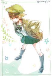 Rule 34 | 10s, 1girl, bad id, bad pixiv id, black bow, black bowtie, black footwear, blonde hair, blouse, boots, bow, bowtie, brown eyes, brown jacket, closed mouth, erwin (girls und panzer), full body, girls und panzer, goggles, goggles on headwear, green hat, green skirt, hands in pockets, hat, jacket, leaning forward, light smile, long sleeves, looking at viewer, macho ojiji, military hat, military jacket, miniskirt, ooarai school uniform, open clothes, open jacket, peaked cap, pleated skirt, pointy hair, school uniform, serafuku, shirt, short hair, skirt, solo, standing, star (symbol), twitter username, white shirt