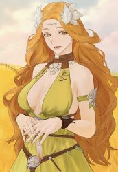 Rule 34 | 1girl, bare shoulders, breasts, circlet, cleavage cutout, clothing cutout, cloud, cloudy sky, collarbone, commentary, day, detached sleeves, dress, field, final fantasy, final fantasy xiv, green dress, green eyes, halter dress, halterneck, highres, long hair, looking to the side, medium breasts, nophica, nozouko, open mouth, orange hair, outdoors, own hands together, red pupils, sideways glance, sky, sleeveless, sleeveless dress, smile, solo, upper body, wavy hair, wheat field, wristband