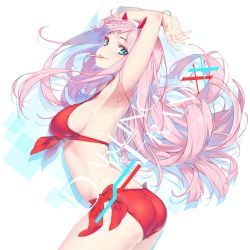 Rule 34 | 10s, 1girl, aqua eyes, arched back, armpits, arms up, ass, bikini, blush, breasts, darling in the franxx, food in mouth, from side, front-tie bikini top, front-tie top, hong (white spider), horns, long hair, looking at viewer, medium breasts, navel, open mouth, pink hair, red bikini, sideboob, smile, solo, swimsuit, text focus, very long hair, zero two (darling in the franxx)