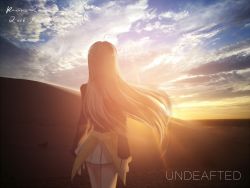Rule 34 | 1girl, 2016, ahoge, arms at sides, backlighting, bad id, bad pixiv id, blonde hair, cloud, dated, desert, from behind, hanna-justina marseille, horizon, jacket, kleinlight, leather, leather jacket, lens flare, long hair, looking afar, signature, sketch, skirt, sky, solo, strike witches, sunrise, wind, witches of africa, world witches series