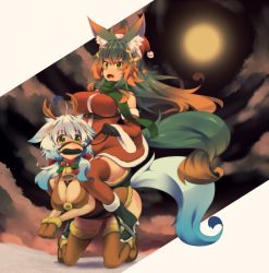 Rule 34 | 2girls, animal ear fluff, animal ears, antlers, bdsm, bit gag, breasts, brown hair, cleavage, femdom, gag, gagged, garter straps, gloves, green eyes, green hair, hat, horns, kuromiya, kuromiya raika (kuromiya), large breasts, long hair, multicolored hair, multiple girls, open mouth, original, pet play, pony play, riding, saddle, santa costume, santa hat, shiromiya asuka (kuromiya), short hair, sitting, sitting on person, stirrups (riding), tail, thighhighs, two-tone hair, white hair