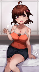 Rule 34 | 1girl, absurdres, ayana (liberty manurung), bare shoulders, black skirt, blush, bow, breasts, brown hair, camisole, cleavage, feet out of frame, hair bow, hand up, highres, large breasts, liberty manurung, looking at viewer, medium hair, open mouth, orange camisole, original, polka dot, polka dot bow, red bow, red eyes, shadow, sitting, skirt, smile, solo