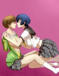 Rule 34 | 2girls, absurdres, alternate costume, black sailor collar, blue eyes, blue hair, bob cut, grabbing another&#039;s breast, breasts, brown hair, closed eyes, commission, crop top, double vertical stripe, facing another, from side, grabbing, green jacket, half-closed eyes, highres, holding hands, houndstooth, interlocked fingers, jacket, large breasts, long sleeves, looking at another, m-a-v-e-r-i-c-k, miniskirt, multiple girls, navel, no shoes, non-web source, open clothes, open jacket, open mouth, persona, persona 4, pink background, pleated skirt, print skirt, profile, sailor collar, saliva, saliva trail, satonaka chie, school uniform, serafuku, shirogane naoto, shirt, short hair, short sleeves, simple background, single horizontal stripe, skirt, socks, track jacket, unmoving pattern, very short hair, white legwear, white shirt, yuri