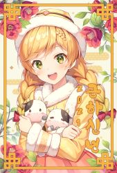 Rule 34 | 1girl, arms up, blonde hair, blush, bow, braid, branch, camellia, commentary, crossed arms, dot nose, english commentary, flower, fur-trimmed headwear, fur trim, green eyes, hair bow, hanbok, hat, highres, holding, holding stuffed toy, korean clothes, looking at viewer, medium hair, nengajou, new year, open mouth, original, pine (angel4195202), red bow, smile, solo, stuffed cow, stuffed toy, teeth, twin braids, upper body, upper teeth only, yellow background, yellow hat, yellow theme