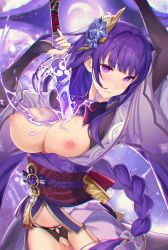 Rule 34 | 1girl, absurdres, bar censor, blush, braid, breasts, breasts out, bridal gauntlets, censored, commentary request, electricity, floral print, flower, genshin impact, hair ornament, highres, holding, holding sword, holding weapon, huge filesize, human scabbard, japanese clothes, kimono, large breasts, long hair, long sleeves, looking at viewer, mitsudomoe (shape), mole, mole under eye, nail polish, ninelie, nipples, obi, obiage, obijime, panties, purple eyes, purple flower, purple hair, purple nails, pussy, raiden shogun, sash, solo, sword, tassel, tomoe (symbol), underwear, weapon, wide sleeves