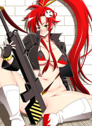 Rule 34 | 00s, anti-materiel rifle, blush, breasts, censored, convenient censoring, drain (pixiv2176281), covered erect nipples, gun, large breasts, lips, long hair, plump, puffy nipples, red hair, rifle, smile, sniper rifle, tengen toppa gurren lagann, thick thighs, thighs, weapon, yellow eyes, yoko littner