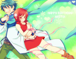 Rule 34 | 1boy, 1girl, :d, belt, blue scarf, blush, boots, bound, closed eyes, coat, crop top, happy birthday, heart, holding, kaito (vocaloid), meiko (vocaloid), midriff, nail polish, open mouth, pants, popped collar, red eyes, red hair, ribbon, scarf, short hair, skirt, smile, snowflakes, sweatdrop, tied up (nonsexual), tsuyuka (sunny spot), vocaloid