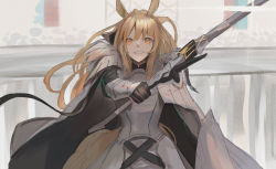 Rule 34 | 1girl, absurdres, animal ear fluff, animal ears, arena, arknights, armor, black gloves, blemishine (arknights), blonde hair, cape, commentary, gloves, grin, highres, holding, holding sword, holding weapon, horse ears, horse girl, long hair, looking at viewer, open mouth, orange eyes, smile, solo, sword, upper body, weapon, white cape, yaruyan