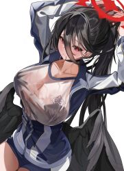 Rule 34 | 1girl, absurdres, adjusting hair, arms up, black bra, black choker, black hair, black wings, blue archive, blush, bra, bra visible through clothes, breasts, choker, cleavage, collarbone, feathered wings, gym shirt, gym uniform, hair between eyes, halo, hasumi (blue archive), hasumi (track) (blue archive), highres, huge breasts, jacket, long hair, long sleeves, looking at viewer, mouth hold, official alternate costume, partially unzipped, ponytail, red eyes, red halo, rubber band, see-through, see-through cleavage, shirt, simple background, solo, sweaty clothes, track jacket, underwear, very long hair, white background, wings, wiwjzga