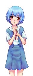 Rule 34 | 1girl, aged down, ayanami rei, blue hair, blue skirt, blush, head tilt, highres, looking at viewer, monorus, neon genesis evangelion, own hands together, red eyes, short hair, simple background, skirt, solo, white background