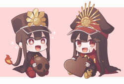 Rule 34 | 1boy, 1girl, black headwear, brother and sister, crest, family crest, fate/grand order, fate (series), hat, long hair, long sleeves, oda nobukatsu (fate), oda nobunaga (fate), oda uri, peaked cap, pink background, ponytail, red eyes, siblings, simple background, yzrh0