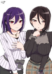 Rule 34 | 2girls, asymmetrical hair, bad id, bad pixiv id, bang dream!, between legs, black hair, black pants, black ribbon, black shirt, breasts, brown skirt, cleavage, cleavage cutout, clothing cutout, collarbone, commentary request, cowboy shot, frilled shirt collar, frilled sleeves, frills, hair between eyes, hand between legs, hand on own chest, highres, jewelry, koume (mnn2 2), large breasts, long hair, long sleeves, look-alike, looking at viewer, medium breasts, multiple girls, necklace, pants, parted lips, pink eyes, plaid, plaid skirt, ponytail, purple hair, red eyes, ribbon, seta kaoru, shirt, short hair, side-by-side, sidelocks, signature, simple background, skirt, smile, striped clothes, striped shirt, trait connection, tsurime, vertical-striped clothes, vertical-striped shirt, white background, white shirt, yashio rui