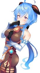 Rule 34 | ahoge, arm between breasts, ass, bare shoulders, bell, between breasts, black gloves, black legwear, blue hair, blush, breasts, chinese knot, covering own mouth, detached sleeves, flower knot, ganyu (genshin impact), genshin impact, gloves, gold trim, highres, horns, long hair, looking at viewer, medium breasts, multicolored eyes, neck bell, sidelocks, solo, standing, tassel, thighlet, thighs, vision (genshin impact), white background, white sleeves, yamato (muchuu paradigm)